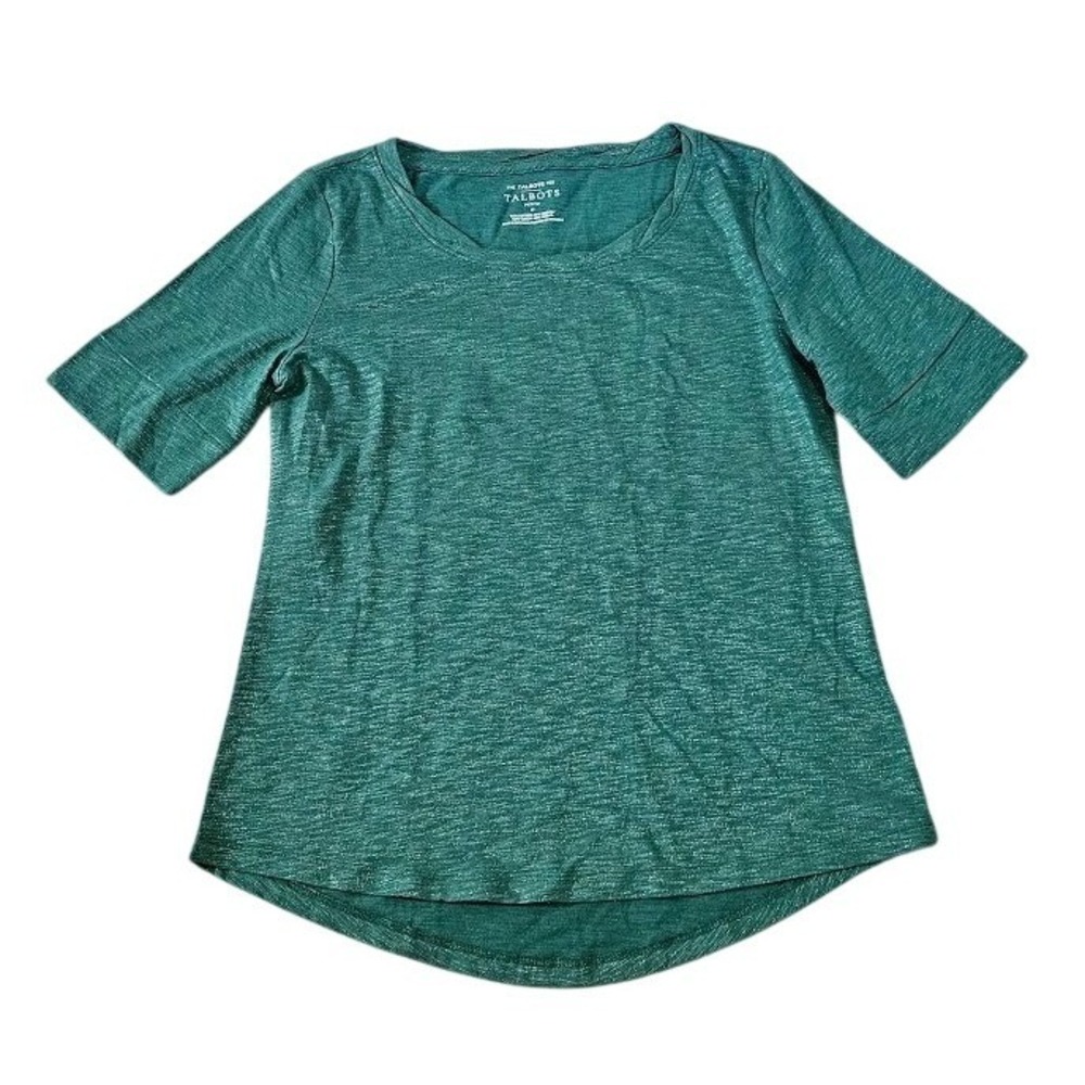 The Talbots Tee Women P XS Petite Green Sparkle Short Sleeve Shirt Slub
